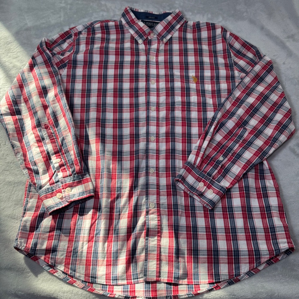 US Polo Assn Men's Long Sleeve Plaid Button Down Shirt Stretch XL Red Blue White